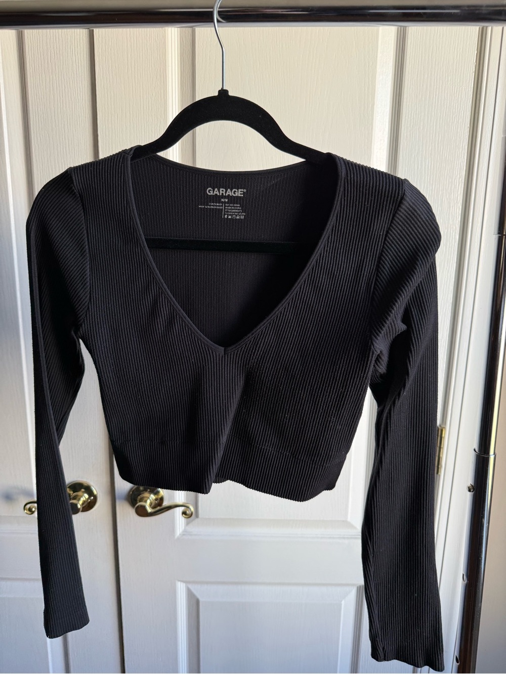 Garage Black Ribbed V-Neck Long Sleeve Crop Top